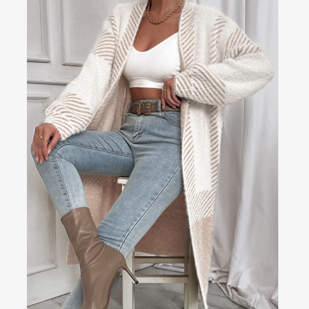 Oversized Color Block Stripes Fuzzy Open Front Duster Sweater Cardigan - Picture 4 of 10